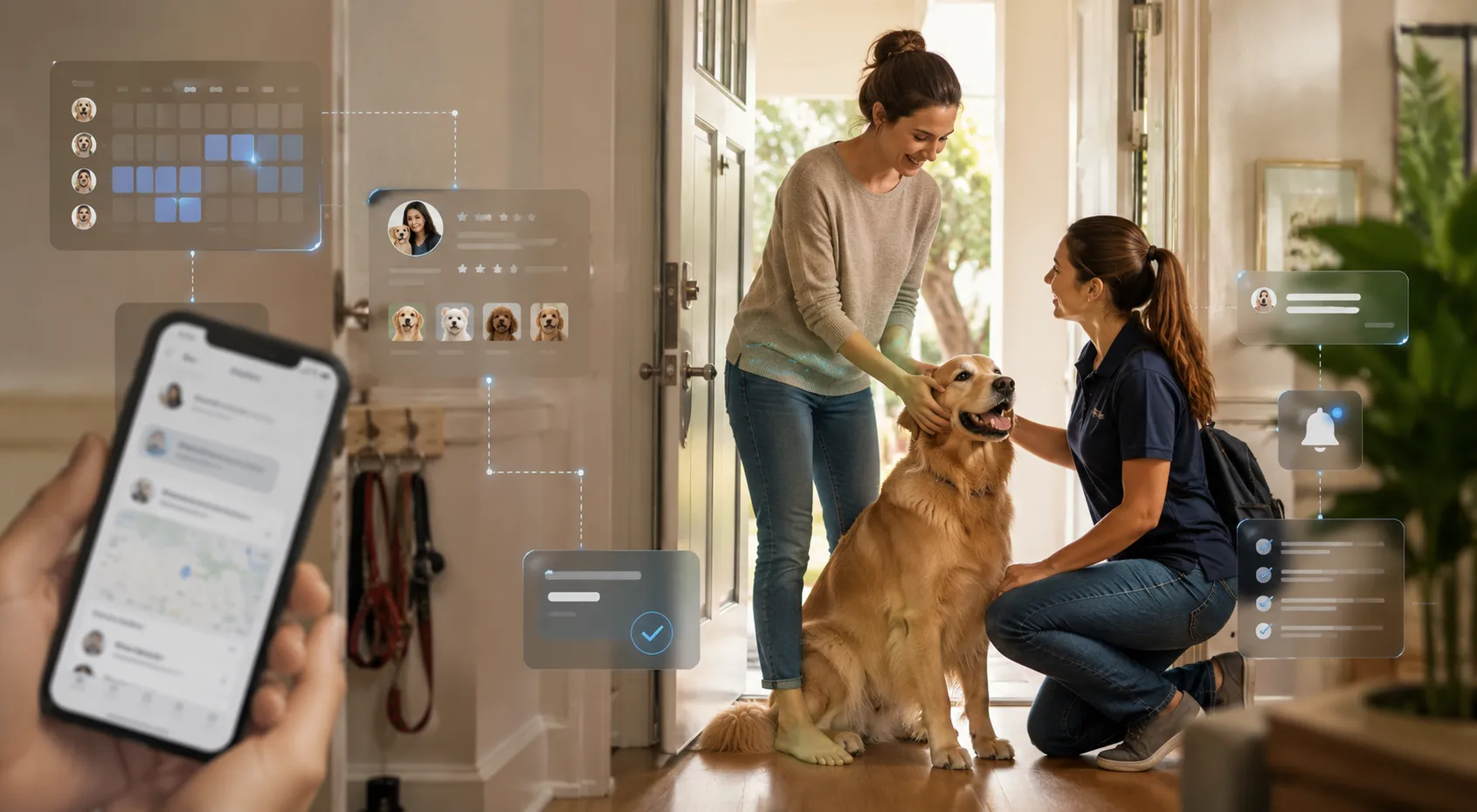 A pet sitter greeting a dog and its owner at their front door, with booking calendar, sitter profile, messaging and confirmation interfaces shown alongside.