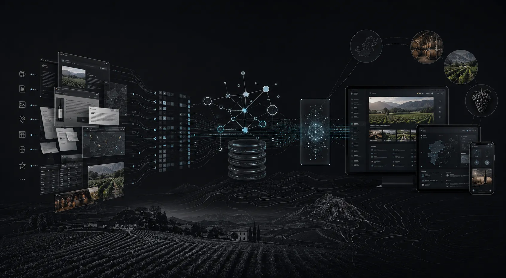 Web pages and listings being crawled and structured into a connected knowledge graph and database, feeding a vineyard discovery interface on desktop, tablet and phone.