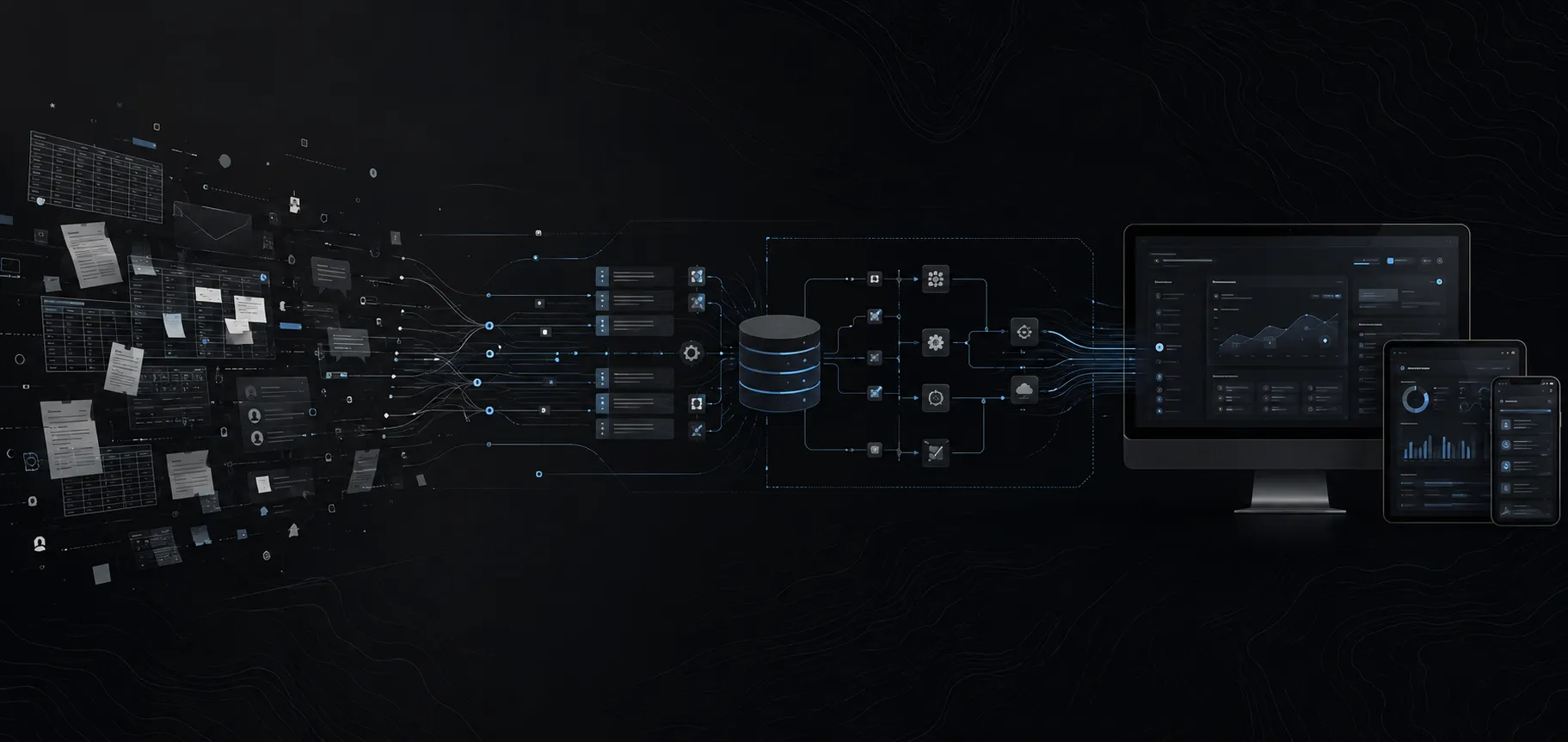 Scattered documents, spreadsheets and messages flowing through a data pipeline into a central database, and out to dashboards on a desktop, tablet and phone.